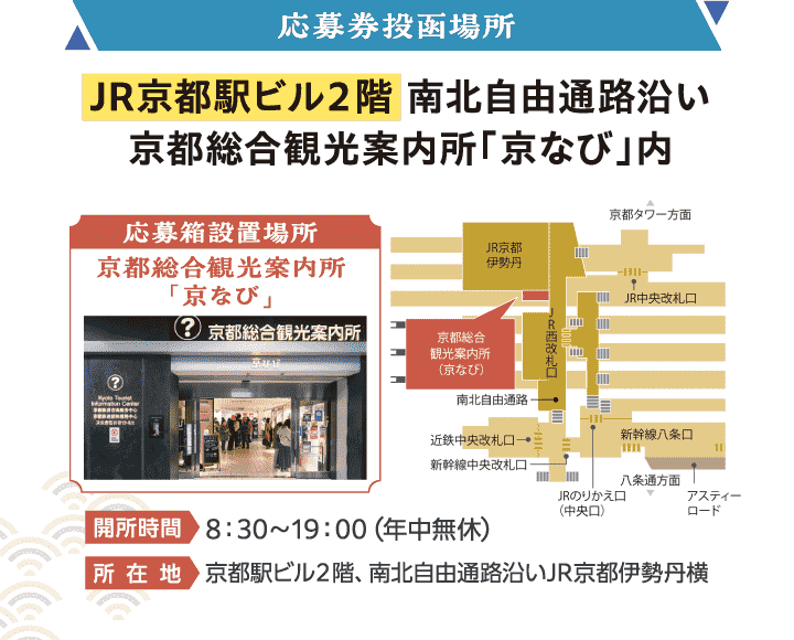 【応募券投函場所】JR京都駅ビル2階 南北自由通路沿い 京都総合観光案内所「京なび」内